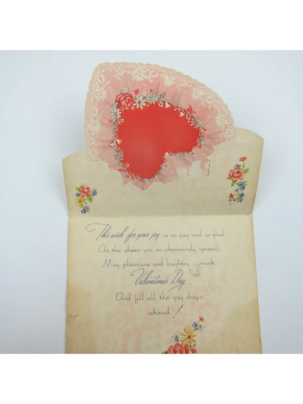 Vintage Valentine Card Flowers Blue Yellow Red Heart Ribbon Fold Golden Bell
